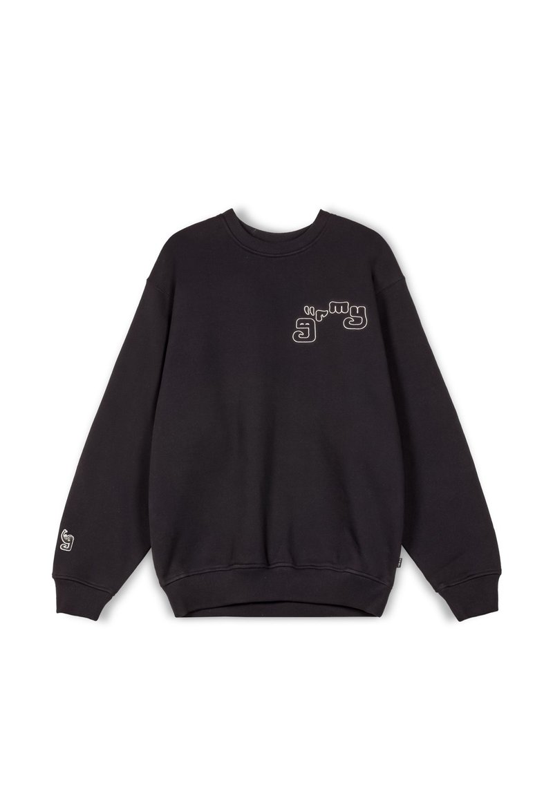 Sudadera negra de cuello redondo hecha de una tela suave. Presenta un gráfico en contraste en el pecho y un detalle del logo en la manga.