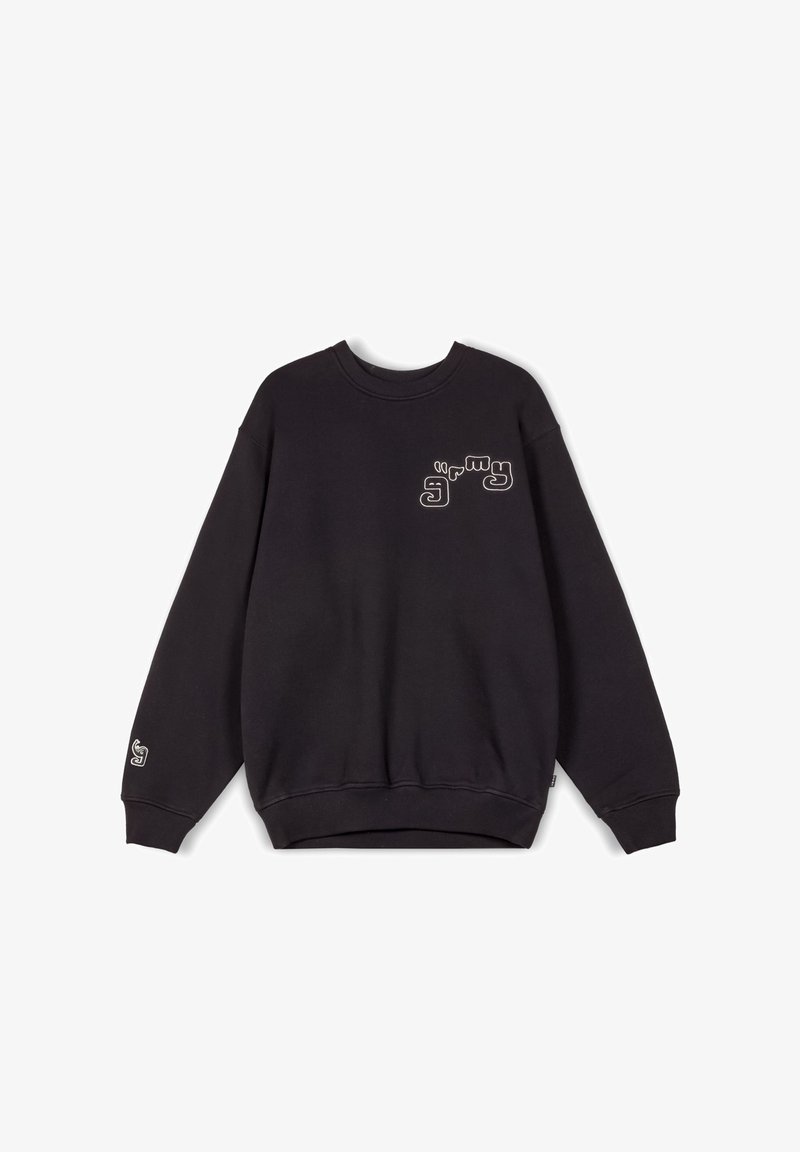 Sudadera negra de cuello redondo hecha de una tela suave. Presenta un gráfico en contraste en el pecho y un detalle del logo en la manga.