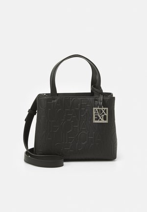 Black faux leather handbag with embossed logo, rectangular shape, dual handles, detachable shoulder strap, and silver hardware accent.
