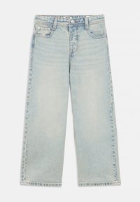 Light blue denim wide-leg jeans featuring a high waist, five-pocket design, and subtle fading. The fabric has a smooth texture.