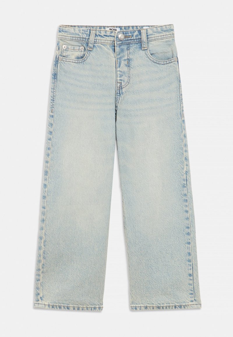 Light blue denim wide-leg jeans featuring a high waist, five-pocket design, and subtle fading. The fabric has a smooth texture.