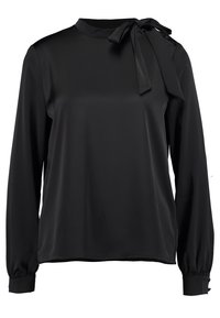 Blusa nera realizzata in tessuto morbido; presenta un collo alto, maniche lunghe e un fiocco annodato sull spalla sinistra.