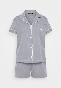 Blå- och vitrandig kortärmad pyjamas med spetskrage, knäppning, fickdetalj och matchande shorts.