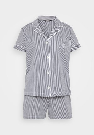 Blue and white striped short-sleeve pajama set with a notched collar, button closure, pocket detail, and matching shorts.