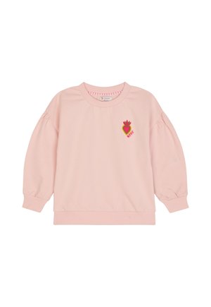 Sweat-shirt à manches longues rose clair pour tout-petit avec un petit cœur coloré et un motif floral sur la poitrine gauche, avec poignets et ourlet côtelés.