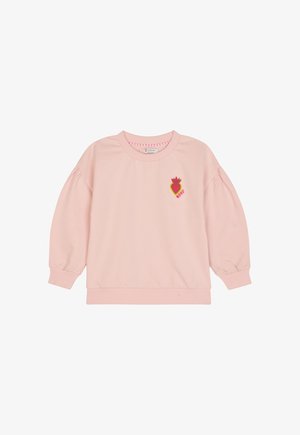 Lyserød langærmet sweat til småbørn med et lille farverigt hjerte og blomsterdesign på venstre bryst samt ribkanter ved ærmer og nederkant.