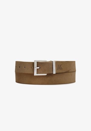 Brown suede belt with silver rectangular buckle and embossed "KS" logo on the leather near the buckle.
