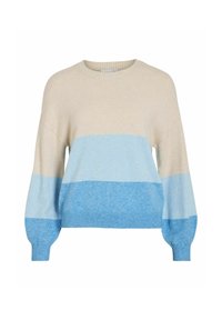 Lekki sweter z dzianiny z okrągłym dekoltem, długimi rękawami i poziomymi paskami w kremowym kolorze oraz w różnych odcieniach niebieskiego. Ściągacz u dołu.