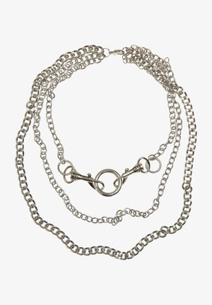 Silver metal chain necklace featuring multiple strands, a round center link, and a lobster clasp closure. Smooth, polished surface texture.