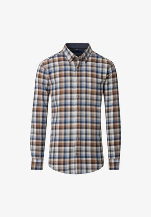 Herreskjorte med lange ærmer i ternet mønster i blå, brun og hvid. Lavet af letvægtsstof med knap-ned krave og brystlomme.