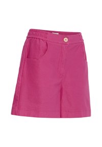 Shorts roses vifs pour femmes avec taille élastique, fermeture par bouton, poches avant et ourlet droit.