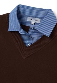 Maglione marrone a scollo a V indossato sopra una camicia a righe azzurre e bianche con colletto. Il maglione presenta dettagli a coste sul colletto.