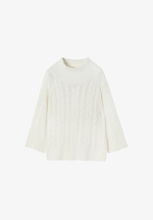 Maglione a maglia cable in bianco, con colletto ampio a costine e maniche a tre quarti. Motivo testurizzato su tutta la superficie con orlo a costine.