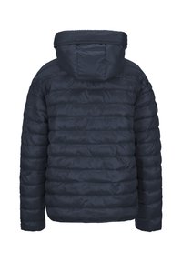 Navyblaue Steppjacke mit Kapuze, die ein gestepptes Design, horizontale Nähte und eine glatte, glänzende Textur aufweist. Rückansicht.