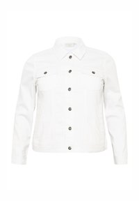 Chaqueta de mezclilla blanca con cuello, cierre frontal de botones, dos bolsillos en el pecho con solapa y mangas largas.
