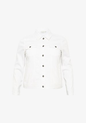 Weiße Jeansjacke mit Kragen, Knopfverschluss vorne, zwei Brusttaschen mit Klappen und langen Ärmeln.