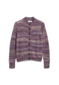 Cardigan tricoté en marbré violet et marron, avec des manches longues, un col rond et des boutons noirs sur le devant.