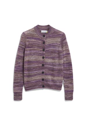 Lila- und braun melierte Strickjacke mit langen Ärmeln, Rundhalsausschnitt und schwarzen Knöpfen vorne.