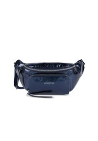 Borsa a tracolla in eco-pelle blu navy con finitura lucida, dotata di un vano principale con zip e una tasca frontale, marchiata "Lancaster Paris."