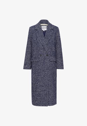 Vilnas maisījuma mētelis tumši zils ar baltu zivs kaula rakstu, divrindas dizains, ar iegriezumiem pie apkakles un divām priekšējām kabatām.