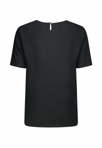 Maglietta nera a maniche corte con scollatura rotonda e apertura a forma di chiave sul retro. Tessuto liscio e morbido con un design pulito e minimale.