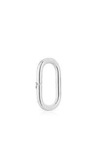 Clip de metal plateado, de forma ovalada alargada con una superficie pulida y un cierre seguro. Diseño minimalista, ligero y de textura suave.