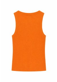 Débardeur sans manches en tissu côtelé orange vif avec un col rond, présenté de dos sur fond blanc.