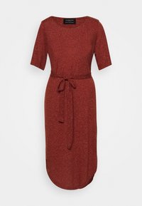 Rotes, knielanges Kleid aus strukturiertem Stoff. Verfügt über kurze Ärmel, einen runden Ausschnitt und einen selbstbindenden Taillengürtel.