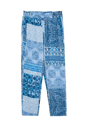 Pantalons à motifs bleus présentant un mélange de designs paisley et floraux. Fabriqués en tissu léger avec une taille élastique pour plus de confort.