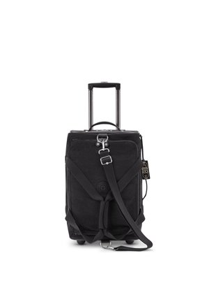 Black wheeled duffel bag with retractable handle, adjustable straps, zipper closure, and a logo patch. Smooth fabric and sturdy wheels.