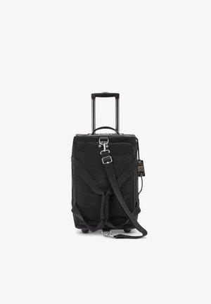 Borsa a duffel nera con ruote, manico telescopico, spallacci regolabili, chiusura a zip e patch con logo. Tessuto morbido e ruote robuste.