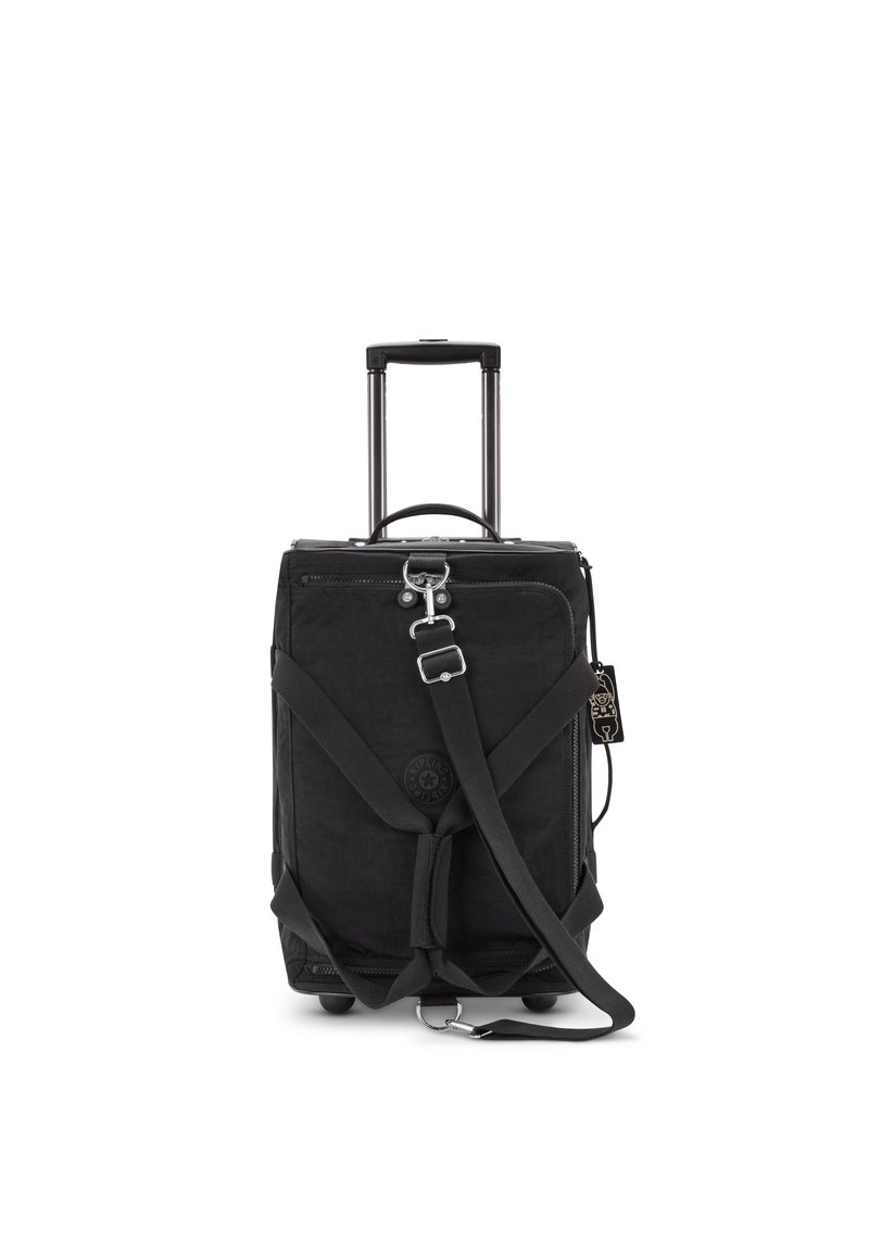 Borsa a duffel nera con ruote, manico telescopico, spallacci regolabili, chiusura a zip e patch con logo. Tessuto morbido e ruote robuste.