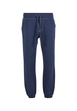 Navy blue sweatpants made of soft fabric with a drawstring waist, elastic cuffs, and contrasting white stitching details.