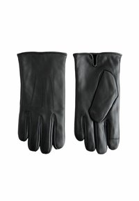 Black leather gloves featuring a textured surface, three finger seams, and a unique thumb design. Classic and fitted shape.