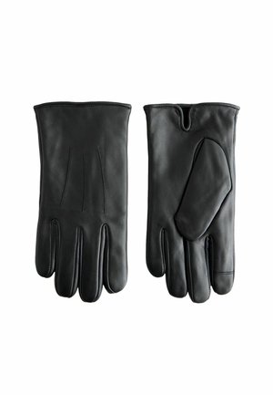 Black leather gloves featuring a textured surface, three finger seams, and a unique thumb design. Classic and fitted shape.