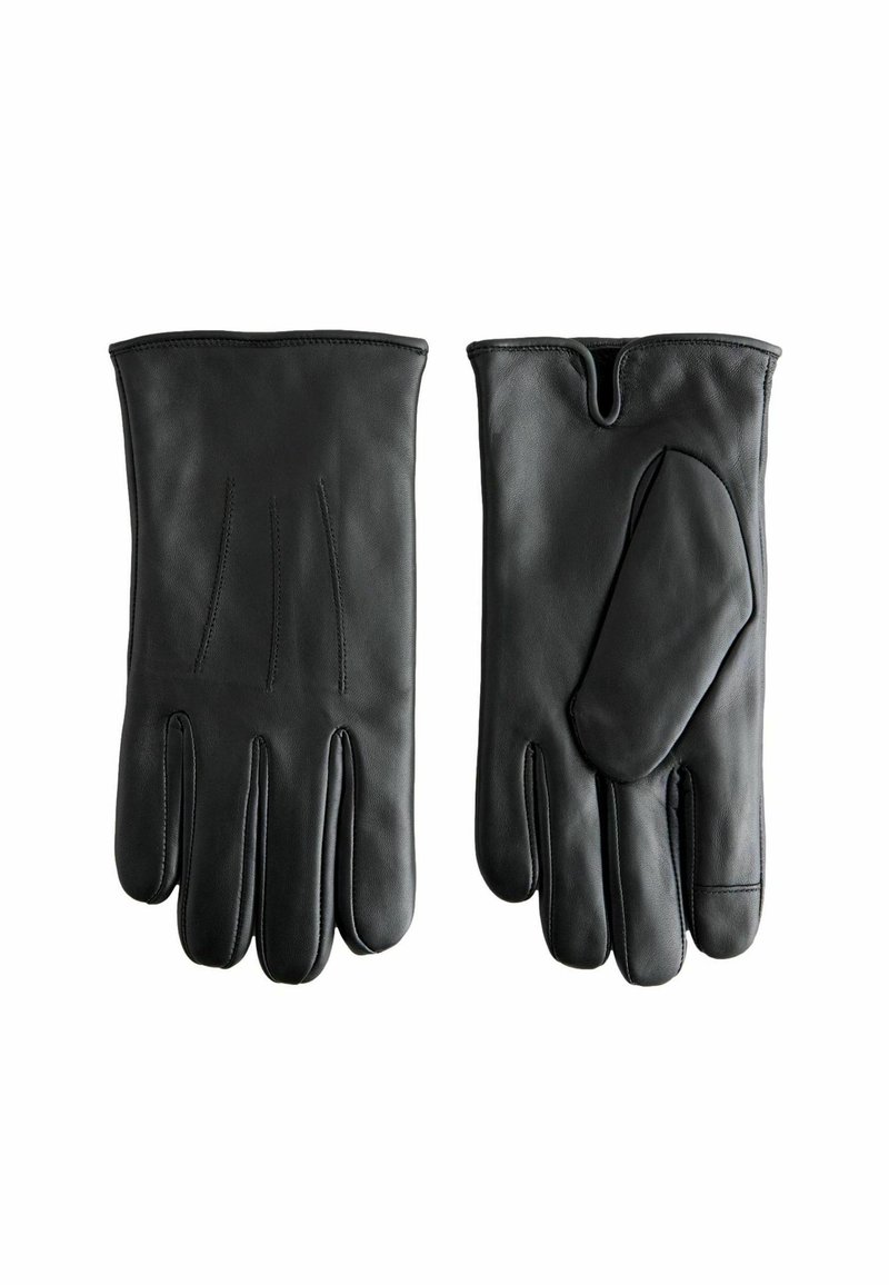 Black leather gloves featuring a textured surface, three finger seams, and a unique thumb design. Classic and fitted shape.