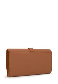 Brown leather wallet with a smooth texture, rectangular shape, and a button closure, featuring subtle stitching and a brand logo embossed on the front.