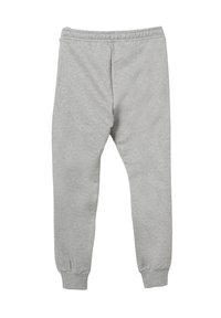 Pantaloni di felpa grigi in cotone con una vita elastica e polsini, caratterizzati da un design semplice e una superficie liscia. Nessun motivo o hardware visibile.