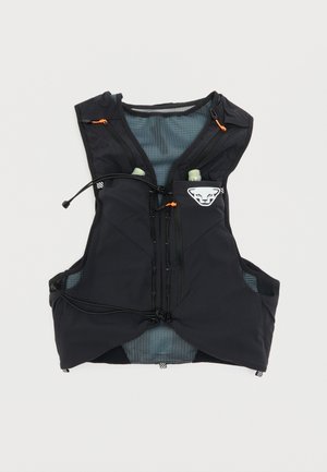 Black hydration running vest with front zippers, adjustable cords, and small water bottle nozzles in front pockets.