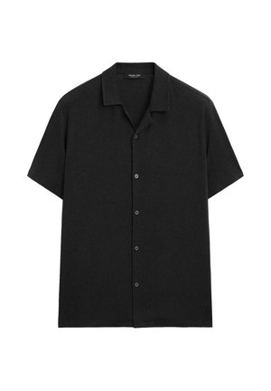 Zwarte blouse met korte mouwen, kraag, vijf knopen aan de voorkant en een rechte zoom.