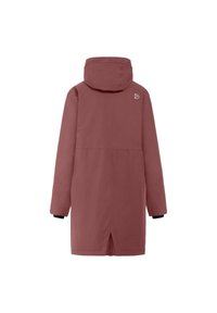 Long pink coat with a hood, featuring long sleeves, a rear vent, and a logo on the upper back. Smooth texture and minimalist design.