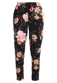 Svarta byxor med rosa, persiko- och röda blommönster, elastisk midja med dragsko och sidofickor.