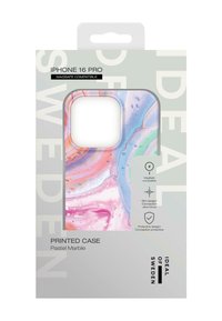 Pastel marble iPhone 16 Pro case with a glossy finish, featuring swirls of pink, blue, and green on a white base. MagSafe compatible.
