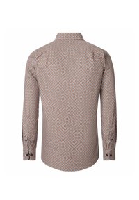 Langarmhemd mit einem geometrischen Muster aus orangefarbenen und blauen Sternen auf einem hellgrauen Hintergrund; klassischer Kragen, knöpfbare Manschetten.
