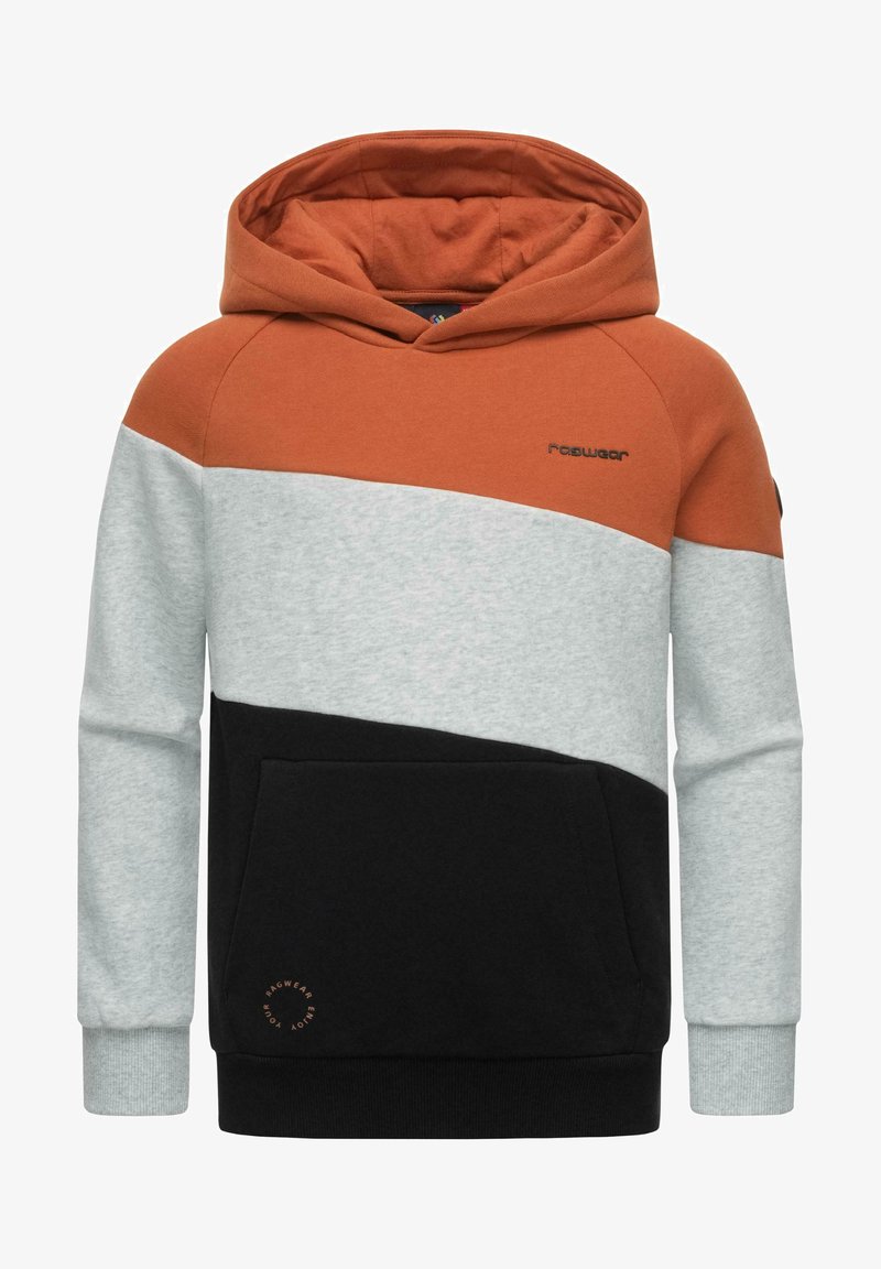 Huppari, jossa on oranssi, harmaa ja musta väri-lohkosuunnittelu. Pehmeä kangas, etutasku ja ribbaatut hihansuut. Logo yksityiskohtana rinnassa.