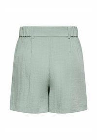 Short en tissu texturé vert clair avec taille élastique et passants de ceinture, coupe ample et décontractée.