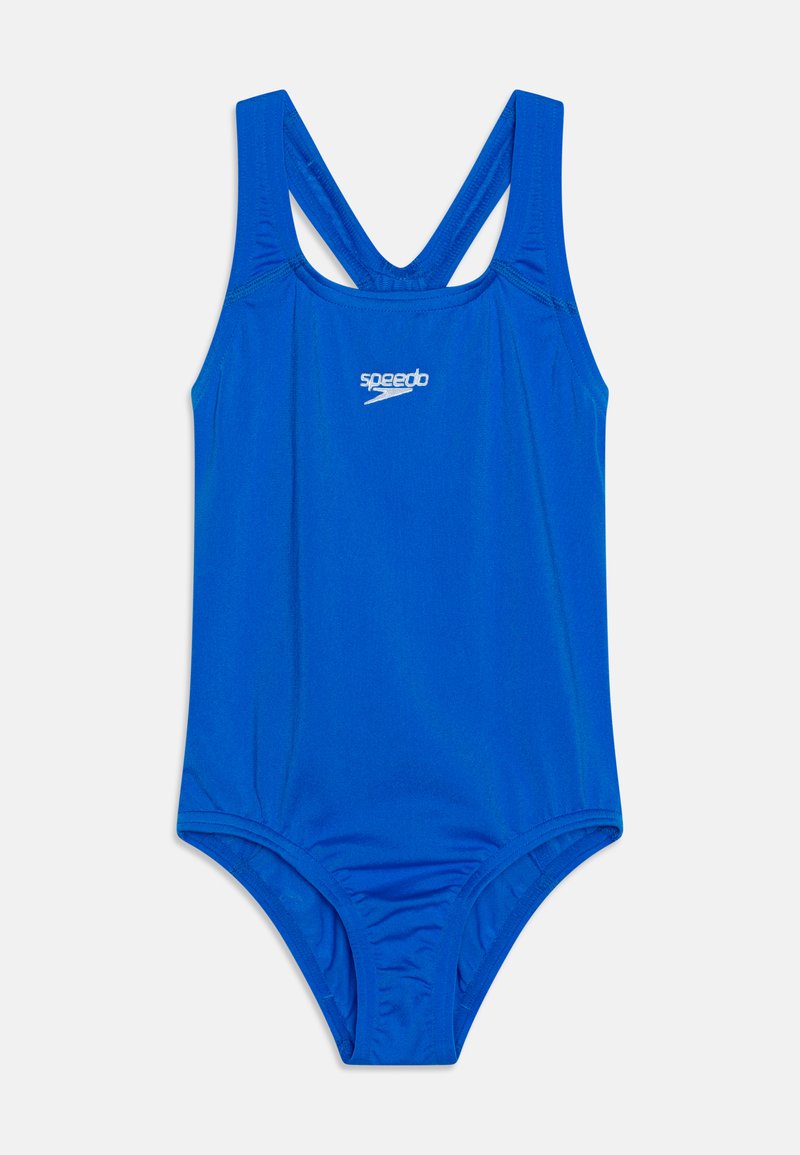 Maio de banho azul em uma peça só com um design de costas nadadoras, feito de um tecido suave com detalhes de costura discretos e um pequeno logo branco no peito.