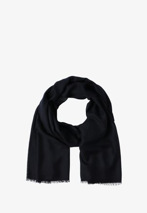 Donkerblauwe sjaal van zacht materiaal, met een gladde textuur en rafelige randen. Ontworpen om om de hals te wikkelen.