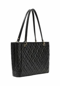 Borsa tote in ecopelle nera, con design trapuntato, doppi manici e dettagli in metallo dorato. Forma rettangolare con colore uniforme.