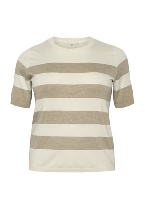 T-shirt a maniche corte a righe in crema e beige chiaro, con scollo rotondo, texture morbida e design oversize.